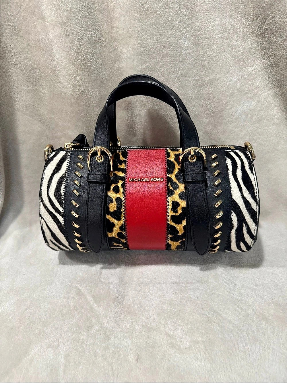 Michael Kors Stanton Medium Animal-Print Calf Hair and Leather Barrel Bag